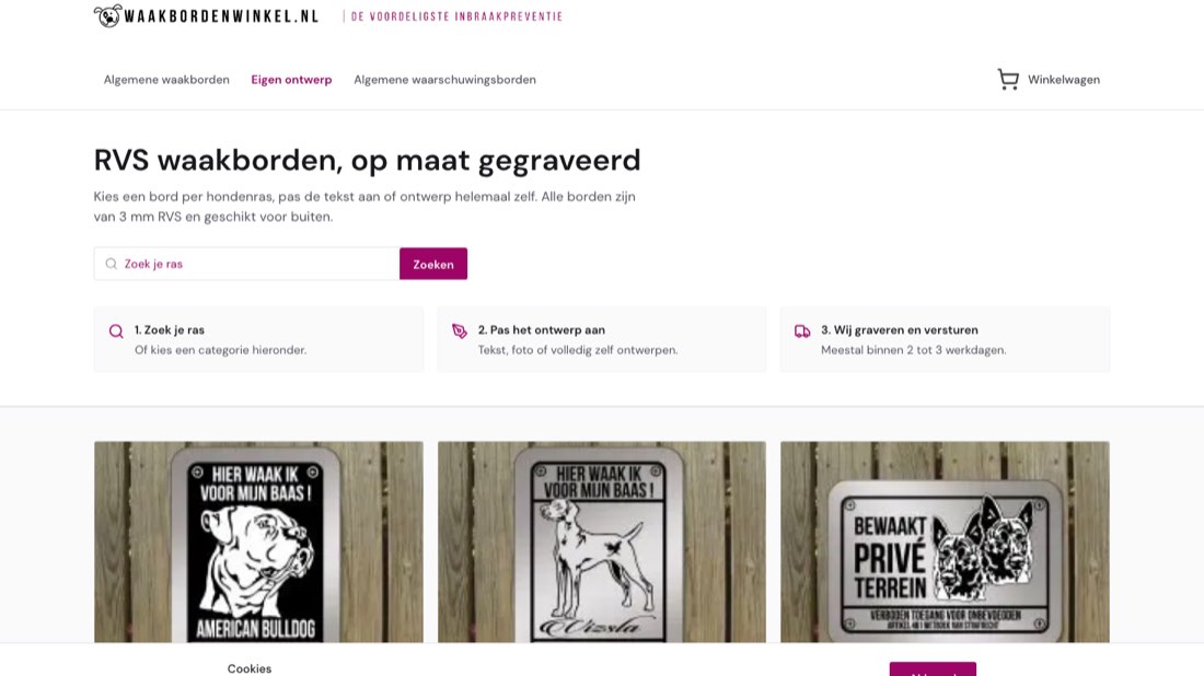 Waakbordenwinkel webshop: stainless steel guard-dog signs with a breed search
